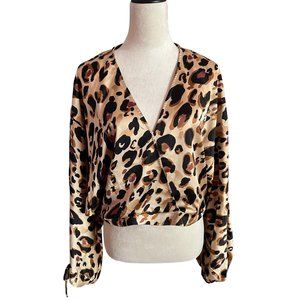 NWT Hyfve Animal Print Crop Top Blouse L Wrap Front V Neck Long Dolman Sleeve
